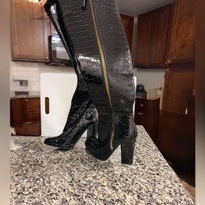 Black Croc-Embossed Knee-High Boots with Gold Zipper
